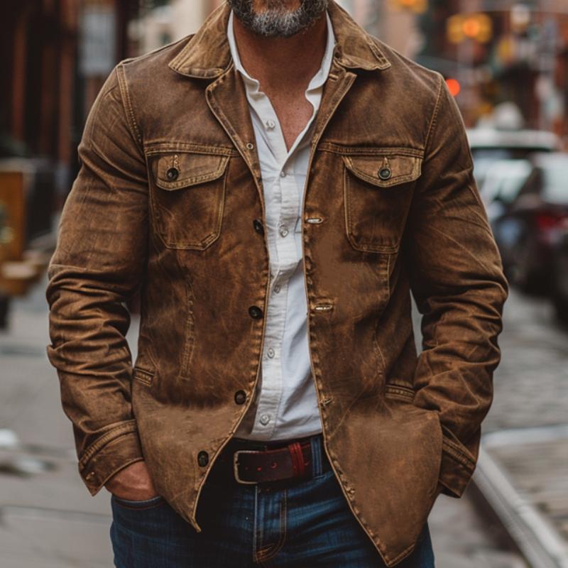 Men's Vintage Heavy Washed Leather Lapel Single Breasted Multi-Pocket Work Jacket 23094806M