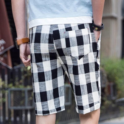 Men's Casual Cotton Linen Stripe Elastic Waist Straight Shorts 54118289M