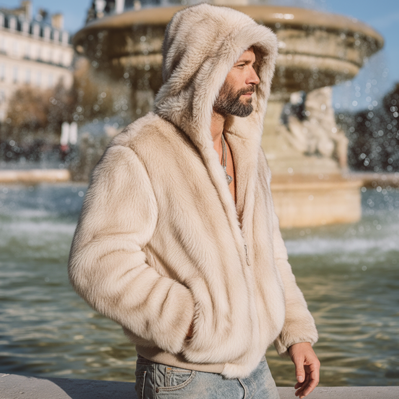 Men's Beige Luxury Plush Faux Mink Hooded Jacket Jacket MTA0734K8U