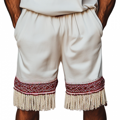 Men's Bohemian Embroidered Tassels Cotton Elastic Waist Loose Shorts MTA2929E6M