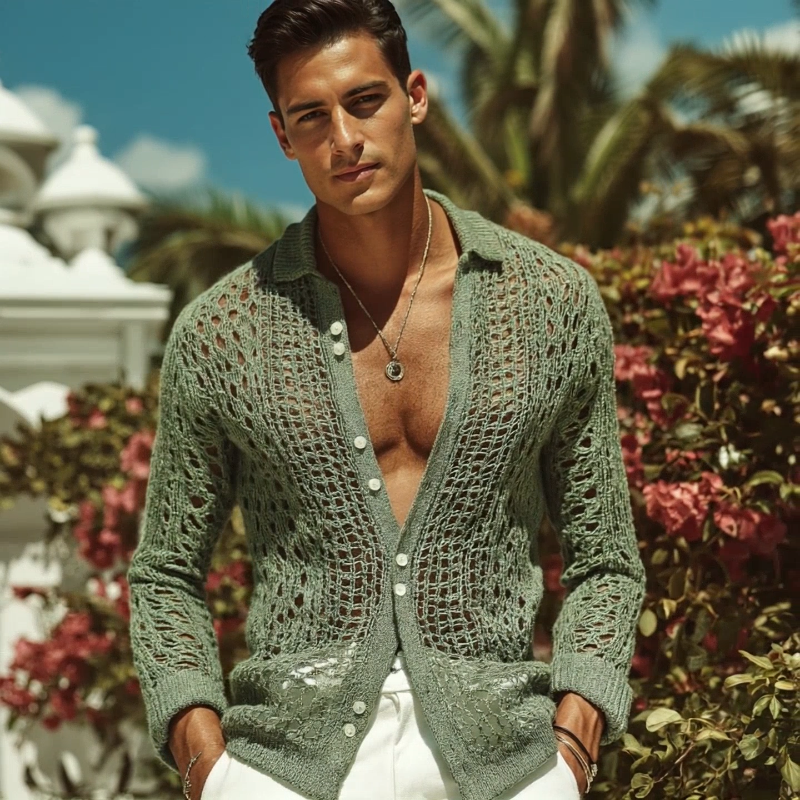 Men's Retro Casual Hollow Knit Lapel Long Sleeve Shirt MTA2892G7TO