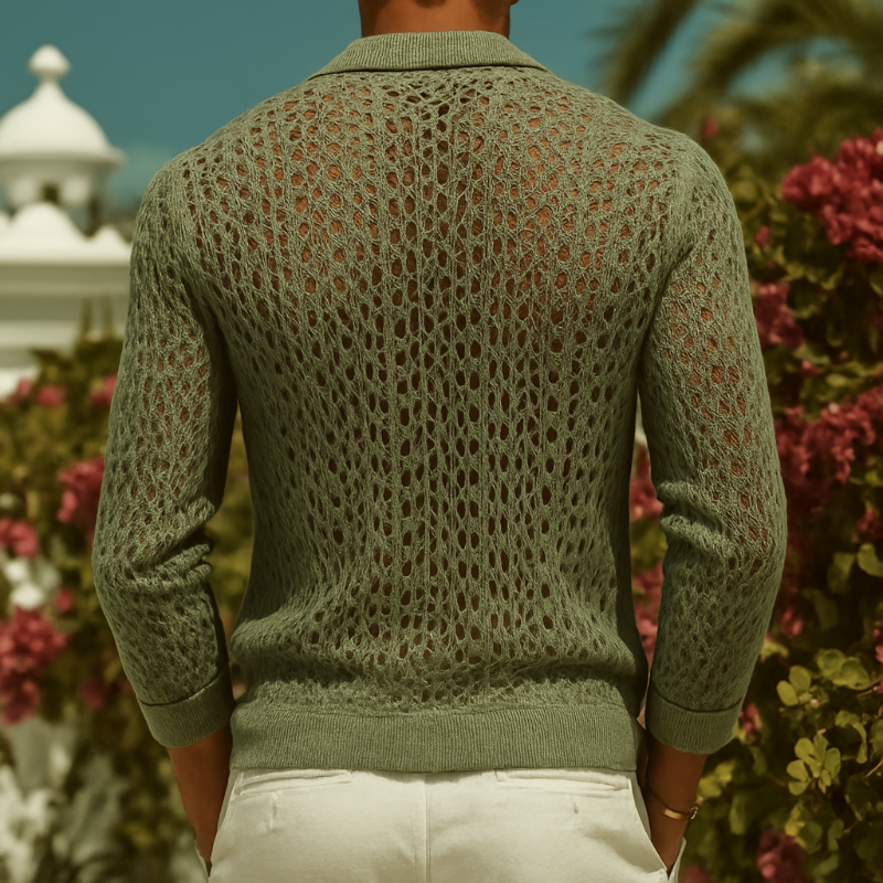 Men's Retro Casual Hollow Knit Lapel Long Sleeve Shirt MTA2892G7TO