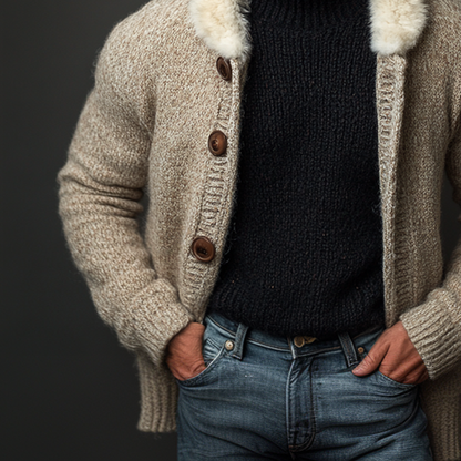 Men's Casual Faux Fur Collar Knitted Button Cardigan MTA0749K6X