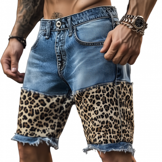 Men's Casual Outdoor Washed Raw Edge Distressed Leopard Patchwork Slim Fit Denim Shorts MTA1642F7M