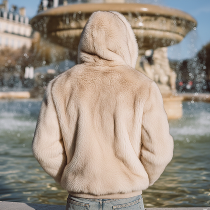 Men's Beige Luxury Plush Faux Mink Hooded Jacket Jacket MTA0734K8U