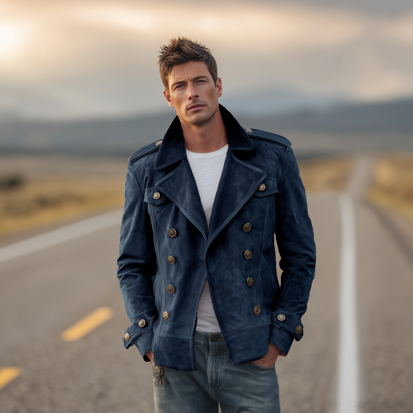 Men's Classic Retro Western Style Lapel Suede Epaulette Double-breasted Jacket MTA0801H7K