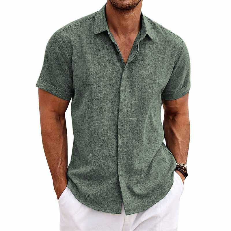 【24-hour shipping out】Men's Solid Color Lapel Cotton Linen Short Sleeve Shirt 82339241X