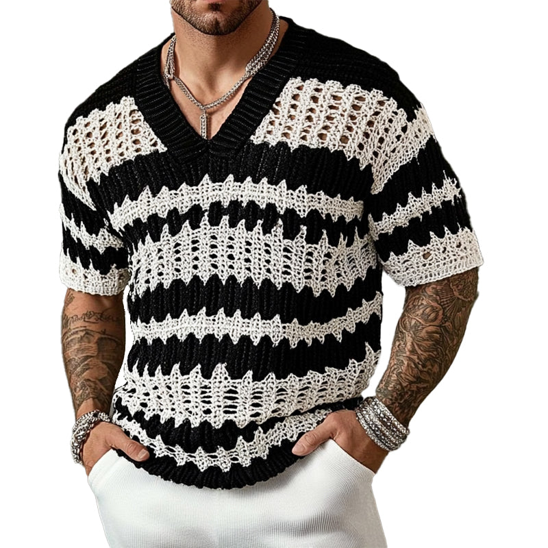【24-hour shipping out】Men's Knitted Contrast Color V-neck Short-sleeved Sweater T-Shirt 14944957X