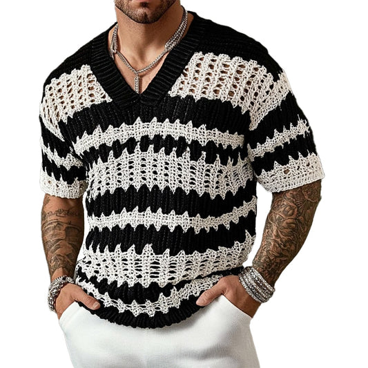 【24-hour shipping out】Men's Knitted Contrast Color V-neck Short-sleeved Sweater T-Shirt 14944957X