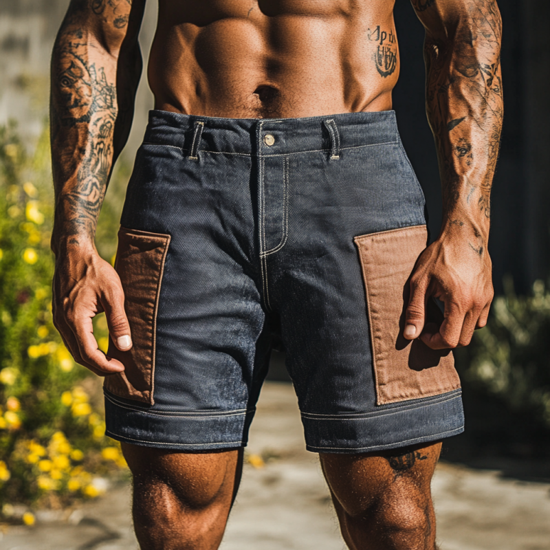 Men's Casual Outdoor Washed Distressed Contrast Color Patchwork Slim Fit Denim Shorts MTA1612F6M