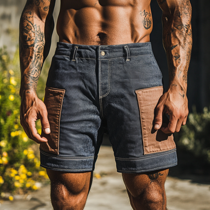 Men's Casual Outdoor Washed Distressed Contrast Color Patchwork Slim Fit Denim Shorts MTA1612F6M