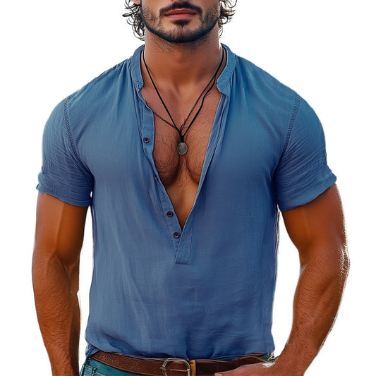 Men's Summer Deep V-Neck Solid Color Comfortable Short-Sleeved T-Shirt MTA1561D3U