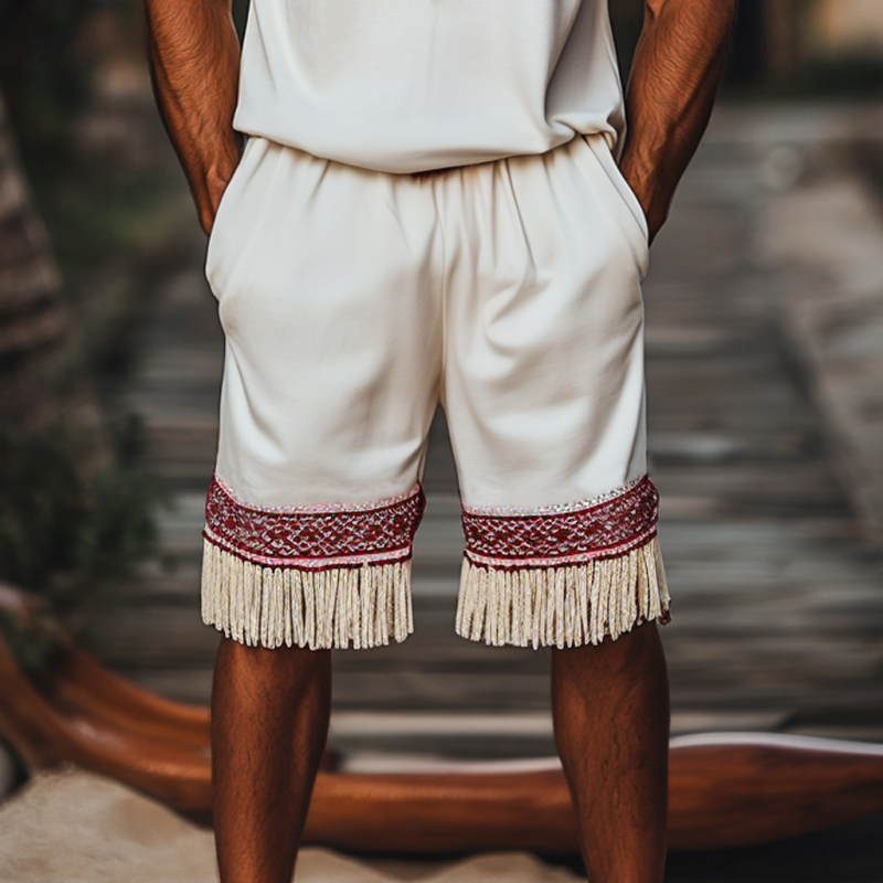Men's Bohemian Embroidered Tassels Cotton Elastic Waist Loose Shorts MTA2929E6M