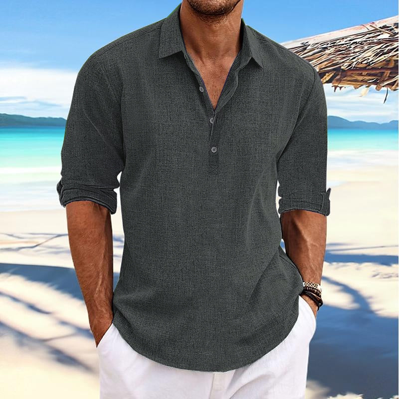 Men's Casual Solid Color Pullover Lapel Roll-Up Cotton and Linen Sleeve Long Sleeve Shirt 41061054Y