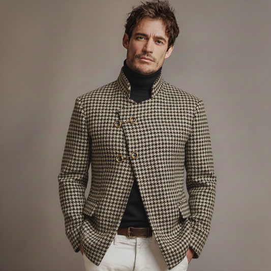 Men's Classic Retro Stand-up Collar Slanted Placket Metal Button Faux Houndstooth Wool Jacket MTA0876K0K