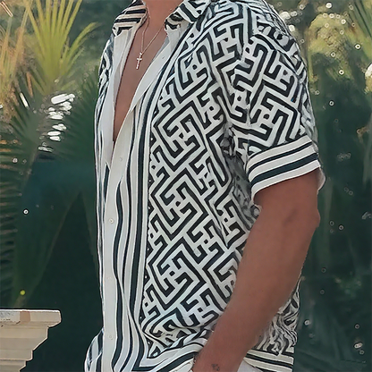 Men's Summer Casual Tencel Cotton Printed Lapel Short Sleeve Shirt MTA0269G9K