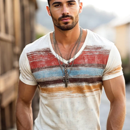 【24-hour shipping out】Men's Retro Casual Shabby Striped Printed V-Neck Short Sleeve T-Shirt MTA2517D8TO