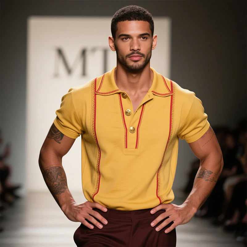 Men's Vintage Casual Striped Embroidered Cotton Short Sleeve Polo Shirt MTA2985E3TO