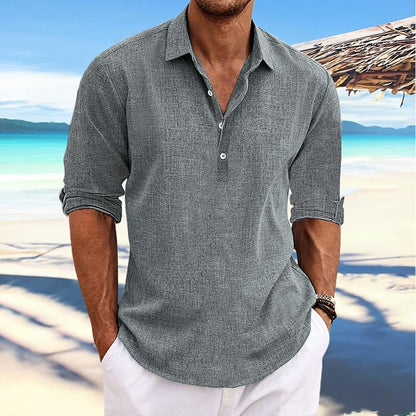Men's Casual Solid Color Pullover Lapel Roll-Up Cotton and Linen Sleeve Long Sleeve Shirt 41061054Y
