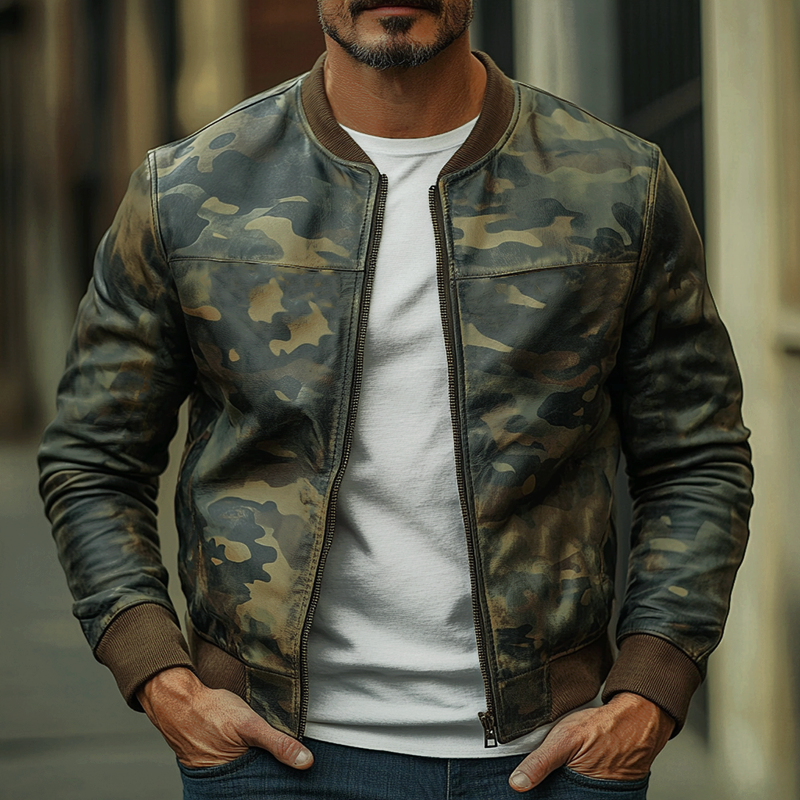 Men's Casual Camouflage Baseball Leather Jacket 26324545F