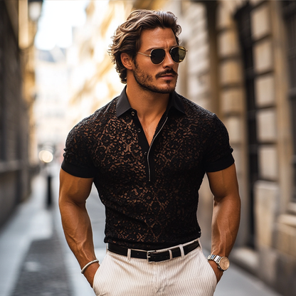 Men's Fashion Lace Lapel Short Sleeve Casual Polo Shirt MTA1296E2Z