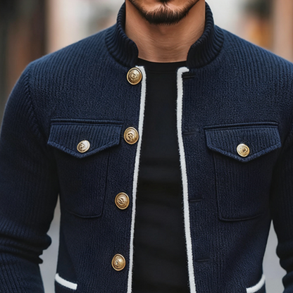 Men's Retro Casual Color Block Knit Multi-Pocket Stand Collar Cardigan Jacket MTA0624K8TO