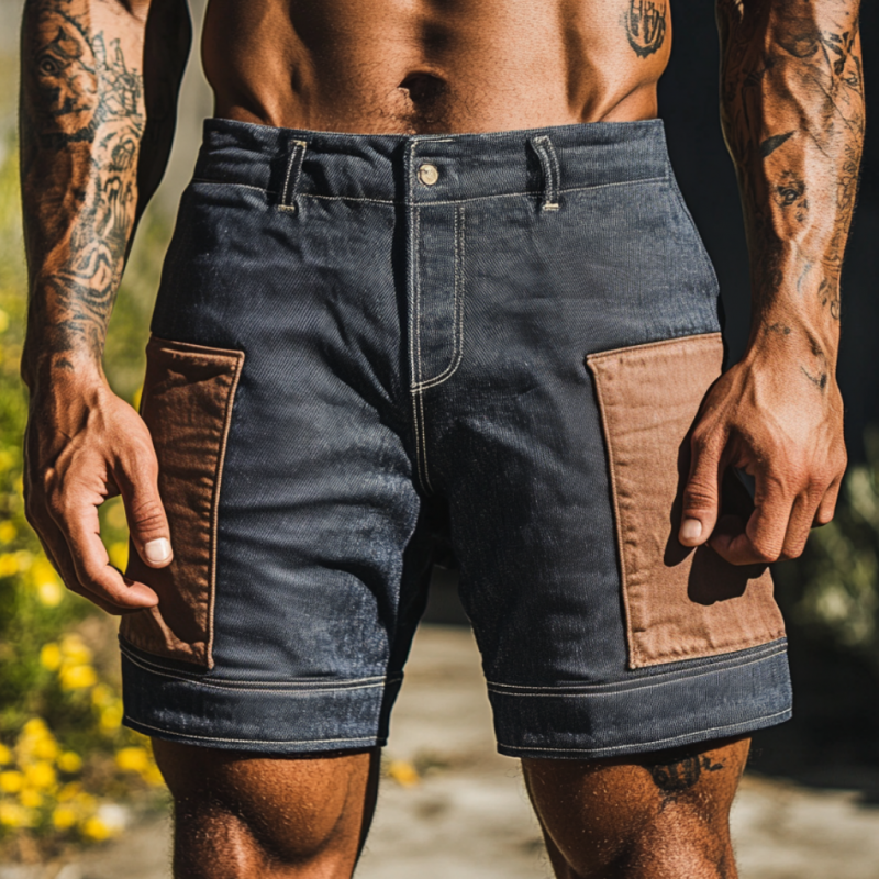 Men's Casual Outdoor Washed Distressed Contrast Color Patchwork Slim Fit Denim Shorts MTA1612F6M