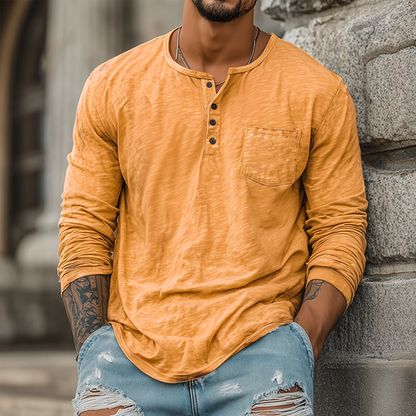 Men's Spring And Summer Casual Tough Style Henry Collar Bamboo Cotton Long Sleeve T-Shirt MTA1676G2K