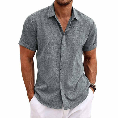 【24-hour shipping out】Men's Solid Color Lapel Cotton Linen Short Sleeve Shirt 82339241X