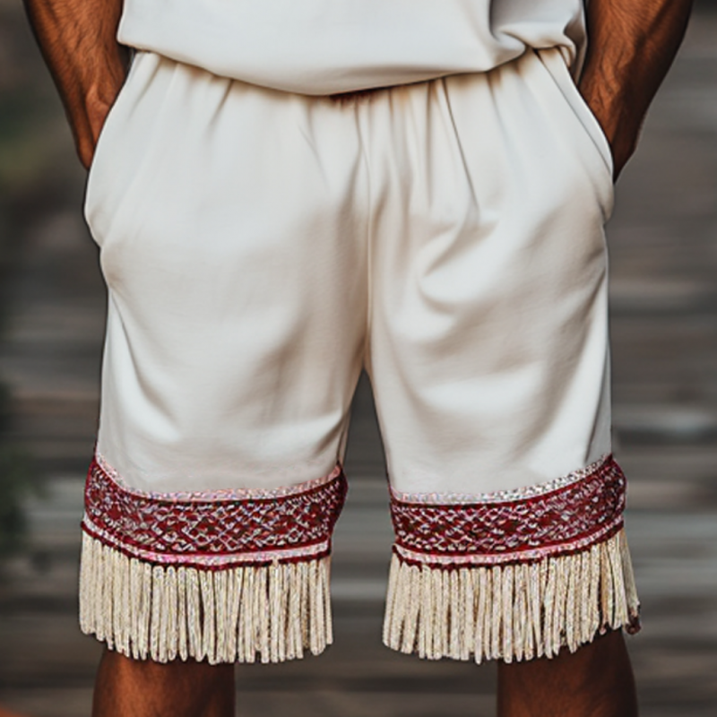 Men's Bohemian Embroidered Tassels Cotton Elastic Waist Loose Shorts MTA2929E6M