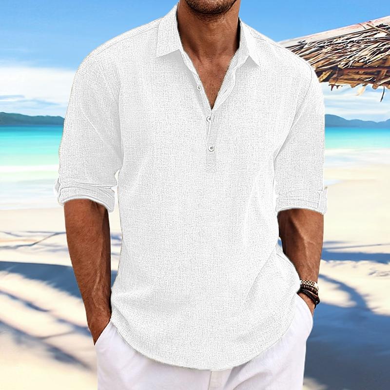 Men's Casual Solid Color Pullover Lapel Roll-Up Cotton and Linen Sleeve Long Sleeve Shirt 41061054Y