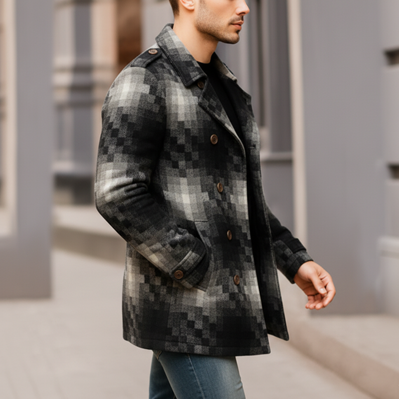 Men's Classic Graphite Check Double-breasted Faux Wool Short Coat MTA0848K8U