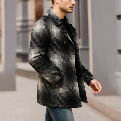 Men's Classic Graphite Check Double-breasted Faux Wool Short Coat MTA0848K8U