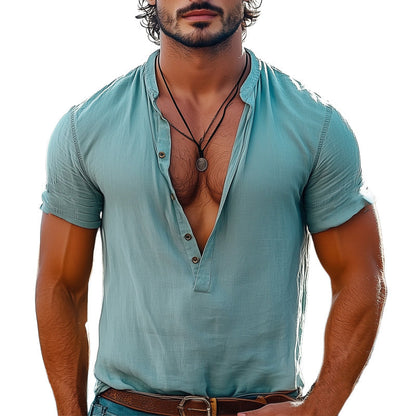 Men's Summer Deep V-Neck Solid Color Comfortable Short-Sleeved T-Shirt MTA1561D3U