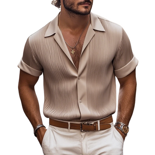Men's Solid Satin Pleated Lapel Short Sleeve Shirt MTA0317G0Z