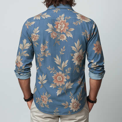 Men's Floral Lapel Chest Pocket Long Sleeve Shirt MTA2229G7Z
