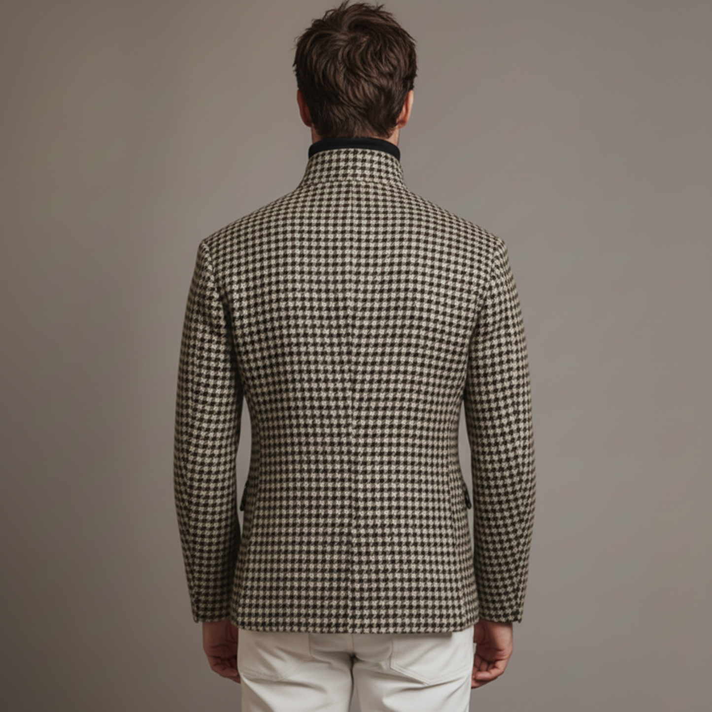 Men's Classic Retro Stand-up Collar Slanted Placket Metal Button Faux Houndstooth Wool Jacket MTA0876K0K