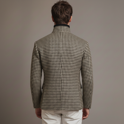 Men's Classic Retro Stand-up Collar Slanted Placket Metal Button Faux Houndstooth Wool Jacket MTA0876K0K