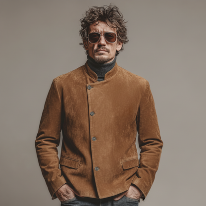 Men's Classic Retro Stand-up Collar Slanted Placket Faux Suede Jacket MTA0840K1K