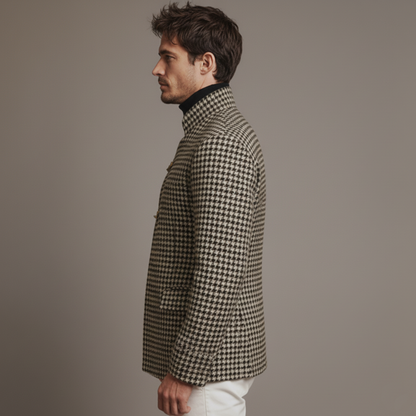 Men's Classic Retro Stand-up Collar Slanted Placket Metal Button Faux Houndstooth Wool Jacket MTA0876K0K