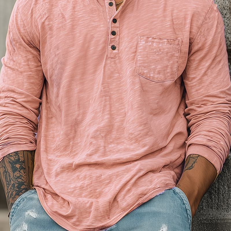 Men's Spring And Summer Casual Tough Style Henry Collar Bamboo Cotton Long Sleeve T-Shirt MTA1676G2K