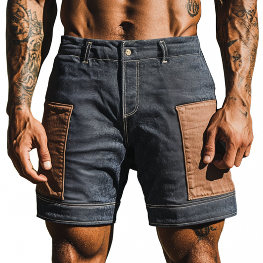 Men's Casual Outdoor Washed Distressed Contrast Color Patchwork Slim Fit Denim Shorts MTA1612F6M