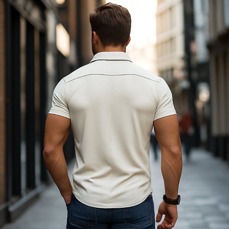 Men's Casual Premium Cotton Contrast Trim Lapel Single Breasted Slim Fit Short Sleeve Shirt MTA0842E7M