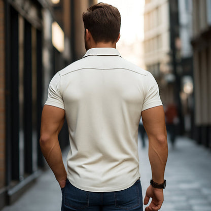 Men's Casual Premium Cotton Contrast Trim Lapel Single Breasted Slim Fit Short Sleeve Shirt MTA0842E7M