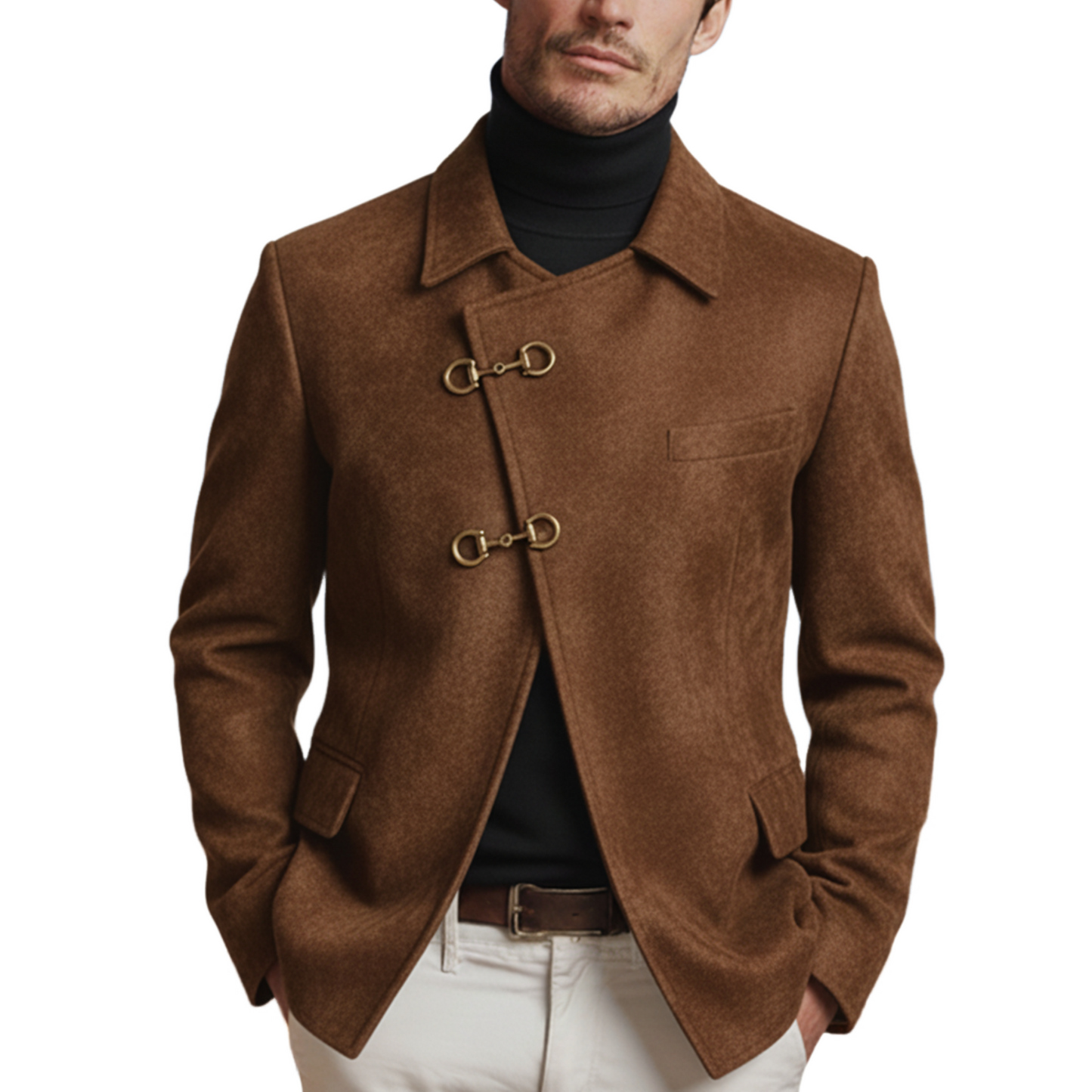 Men's Classic Retro Lapel Slanted Placket Metal Buckle Faux Suede Jacket MTA0816K2K