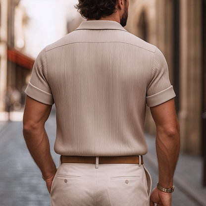 Men's Solid Satin Pleated Lapel Short Sleeve Shirt MTA0317G0Z