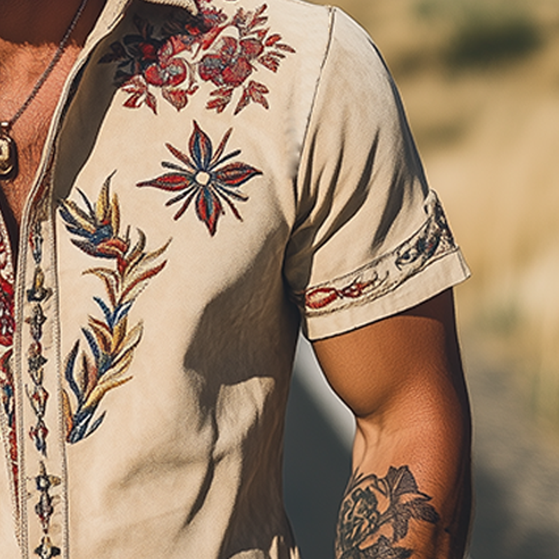 【24-hour shipping out】Men's Spring/Summer Fashion Retro Western Style Suede Embroidered Short Sleeve Shirt MTA1533D2K