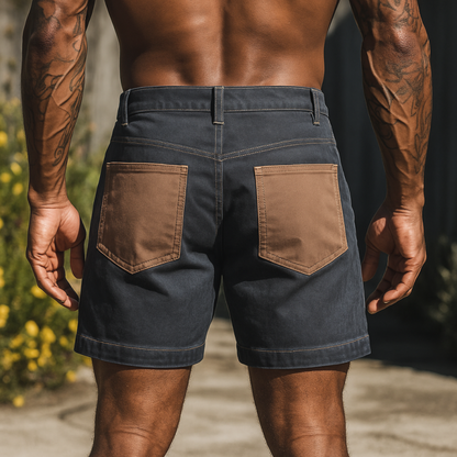 Men's Casual Outdoor Washed Distressed Contrast Color Patchwork Slim Fit Denim Shorts MTA1612F6M