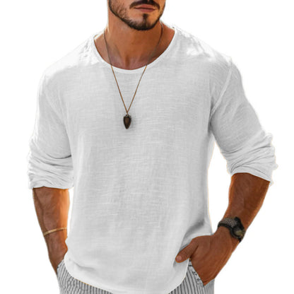 【24-hour shipping out】Men's Casual Cotton Linen Round Neck Loose Long Sleeve T-Shirt MTA1461C1M