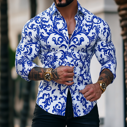 Men's Retro Casual Blue And White Porcelain Print Lapel Long Sleeve Shirt MTA3023G4TO